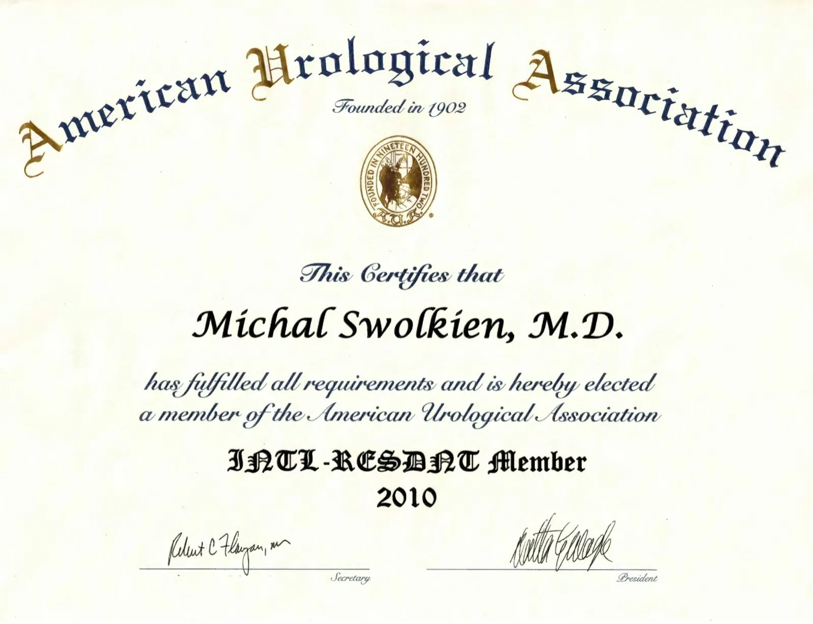 Certyfikat członkowski American Urological Association wystawiony na Michała Swolkienia, 2010