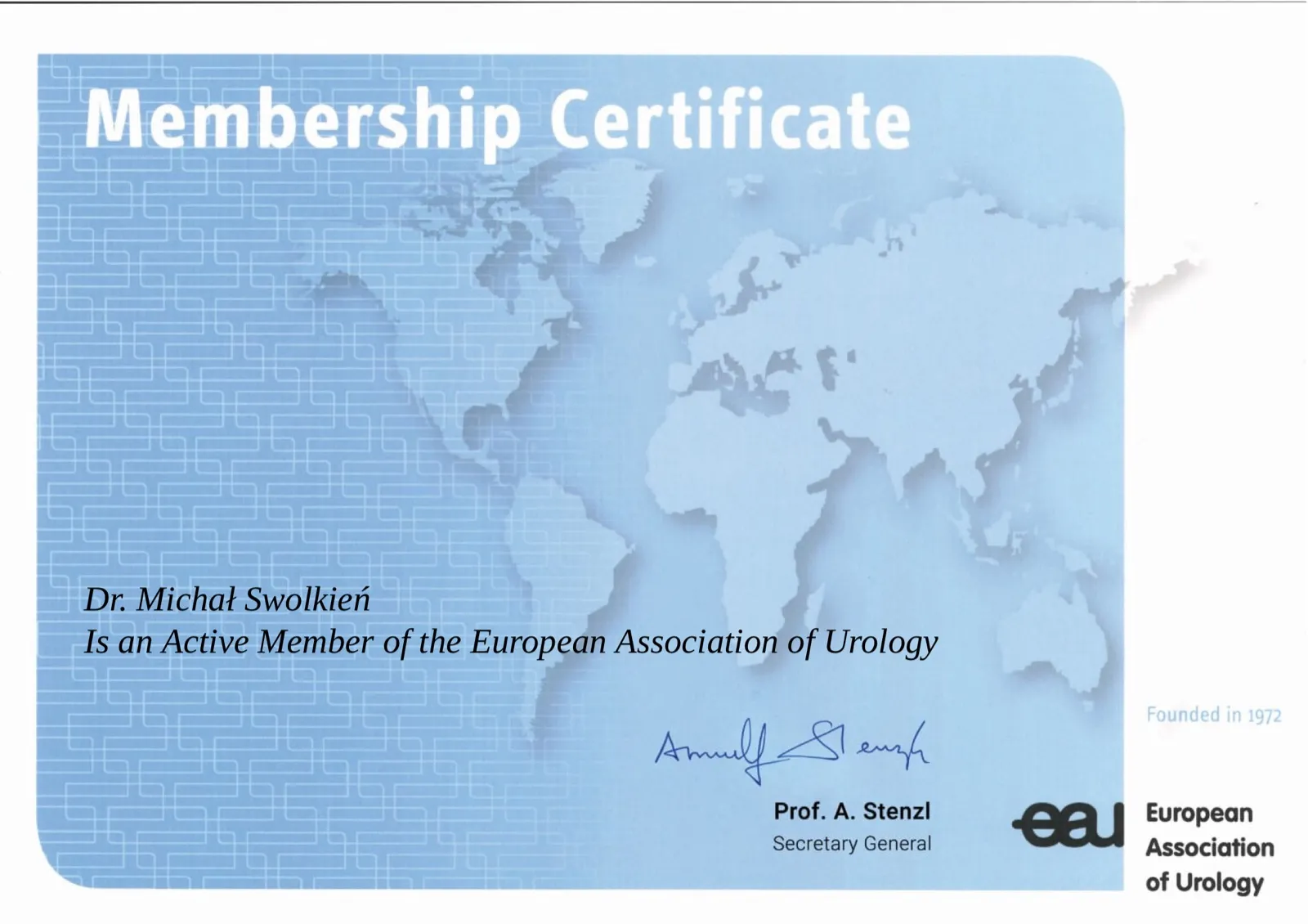 Certyfikat członkowski European Association of Urology wystawiony na dr. Michała Swolkienia